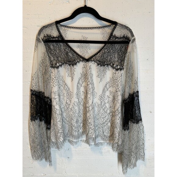 Fairy Whimsigoth Romantic Nanette Lepore Sheer Lace Overlay Bell Sleeve Blouse M - Picture 1 of 9